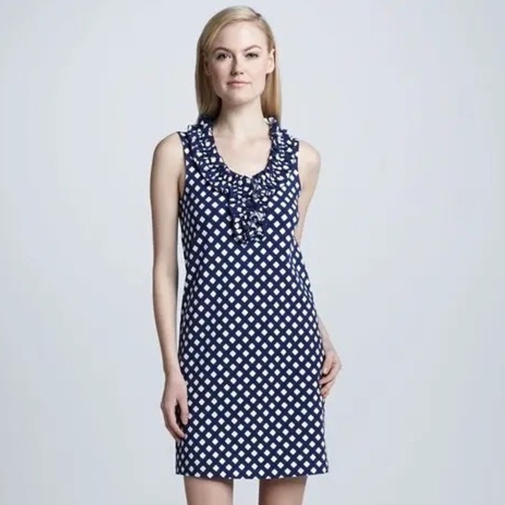 Kate Spade Lucille New York Blue‎ White Diamond Ruffle Neck Shift Dress NJMU2367